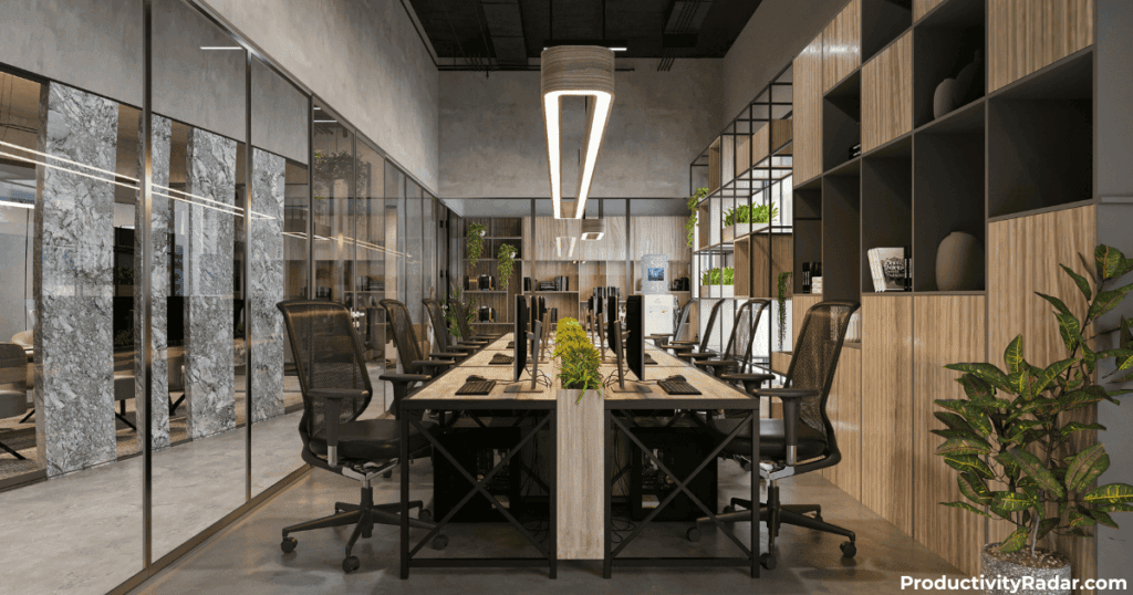 Modern conference room with wooden accents and designer lighting - AI tools for new managers