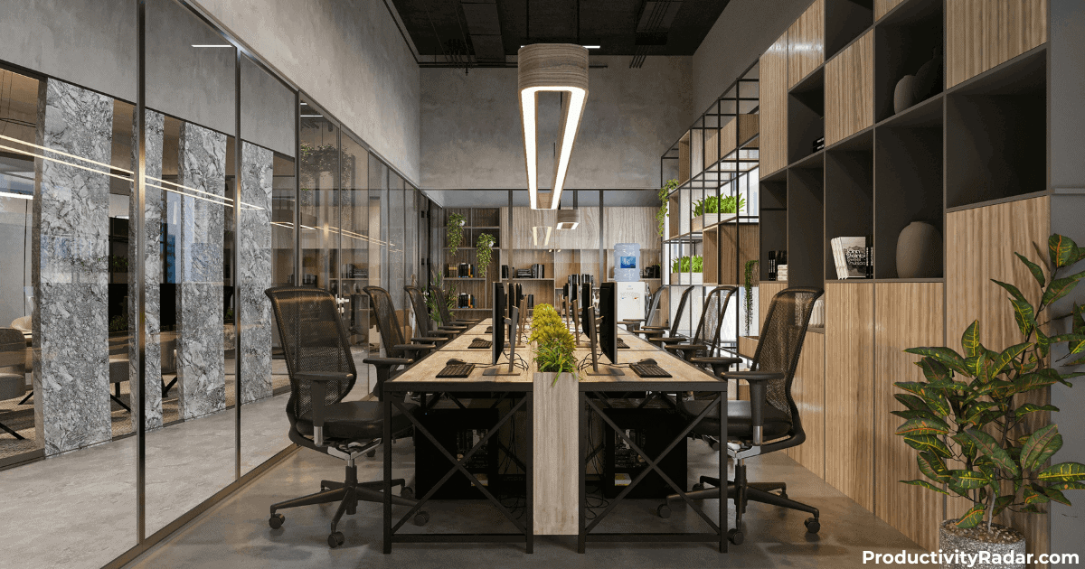 Modern conference room with wooden accents and designer lighting - AI tools for new managers