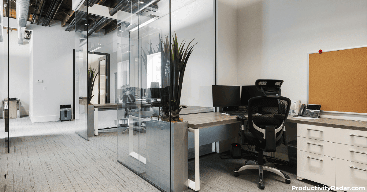 Office interview room with desk and chairs ready for hiring manager using chatgpt prompts for interviews