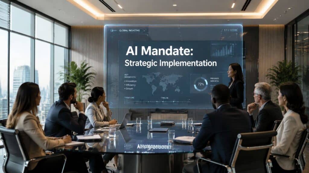 Business presentation introducing AI training for employees to a team in a modern conference room