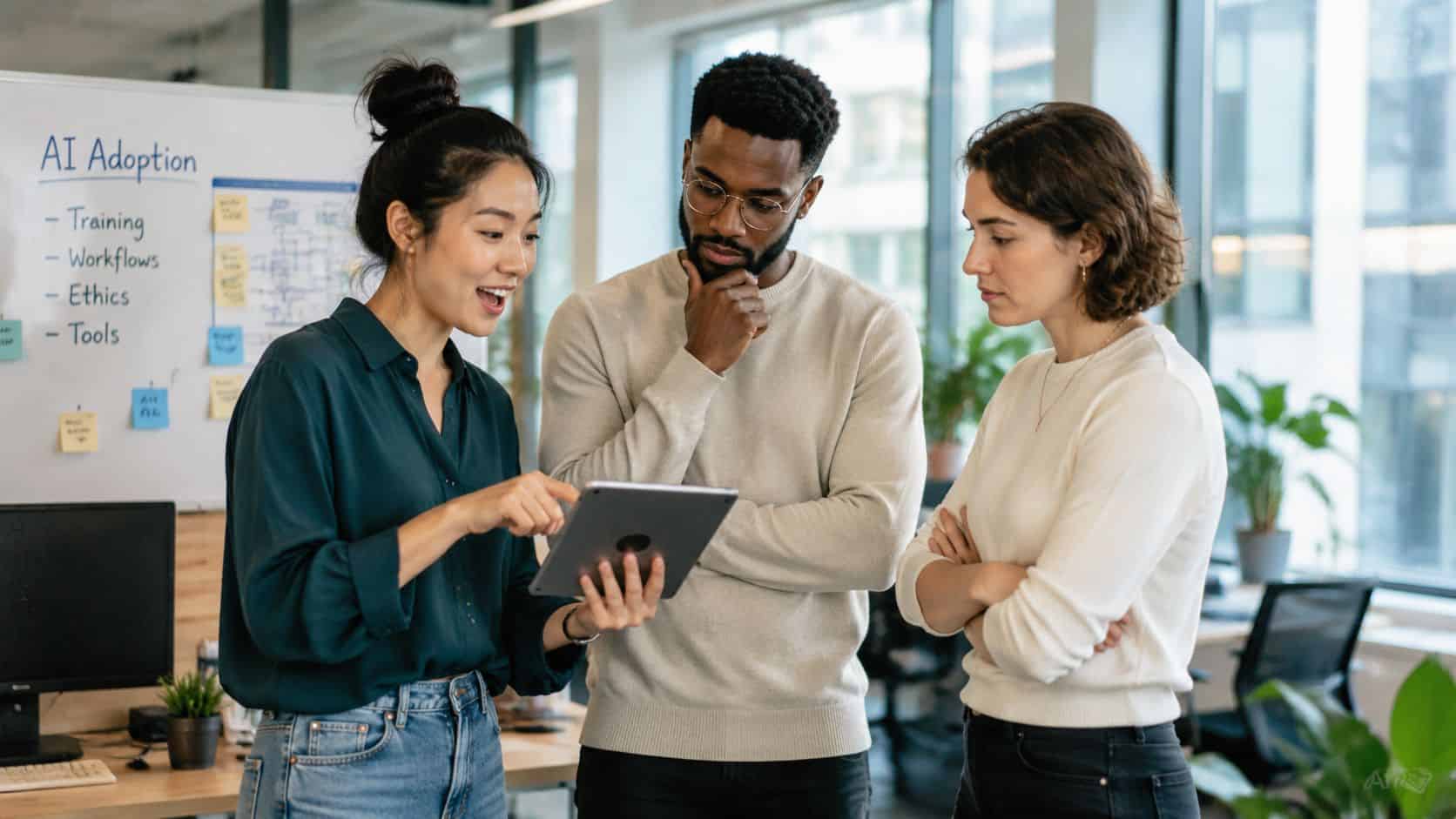 Team collaboration session showing what hands-on AI training for employees looks like in practice