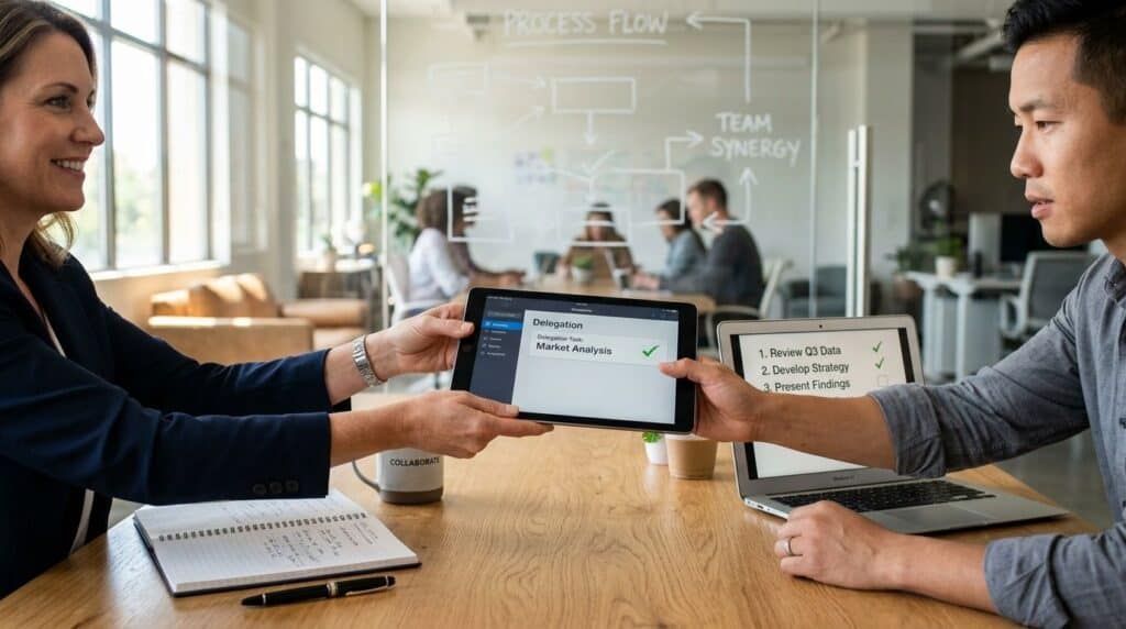 Two professionals collaborating in a modern office, illustrating how to delegate work as a manager