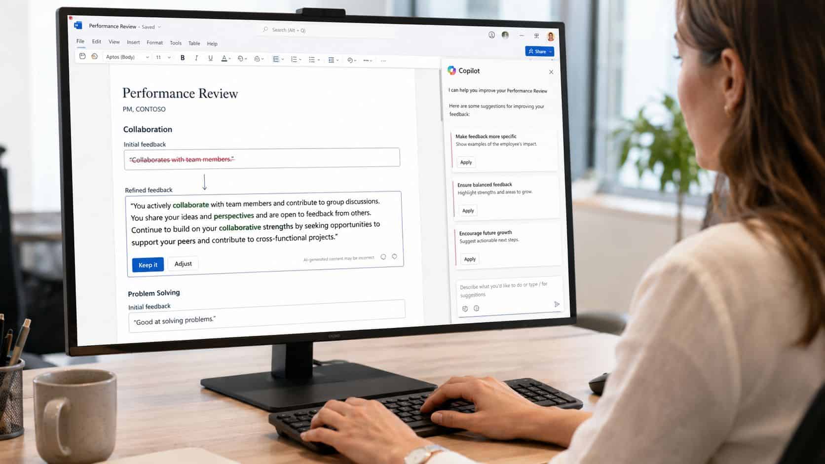 Manager editing AI assistant draft on laptop, showing the editing reality of using Microsoft Copilot for performance reviews
