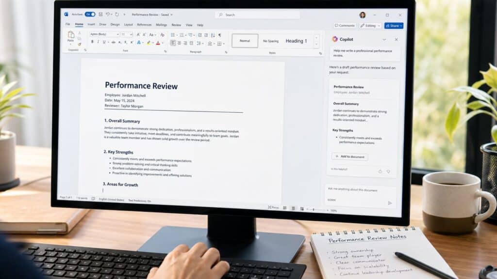 Manager and direct report at a desk reviewing notes for a Microsoft Copilot for performance reviews draft