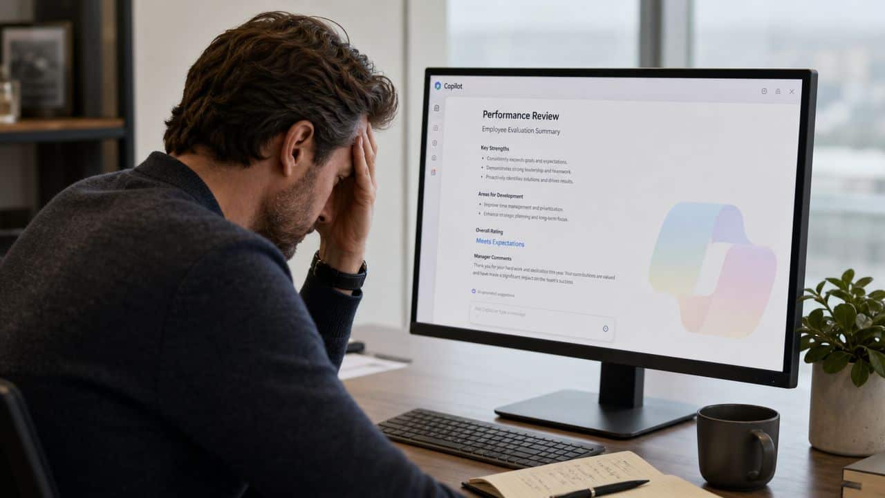Stressed employee at desk illustrating why managers turn to Microsoft Copilot for performance reviews