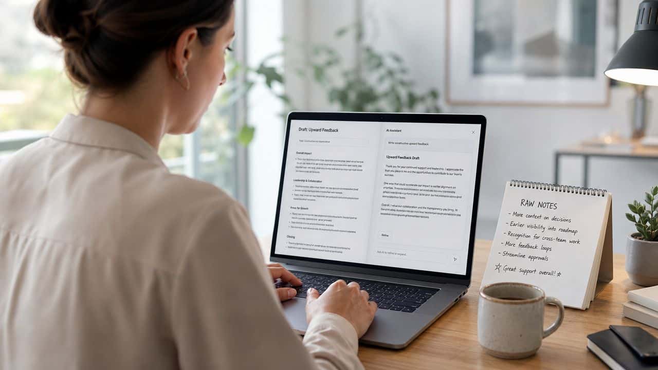 Manager working at a laptop drafting upward feedback focused on observable behavior and business impact