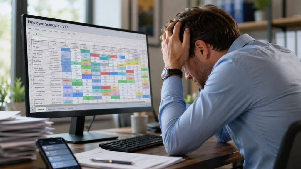 Stressed manager juggling shift coverage by hand, the problem AI for employee scheduling is built to solve