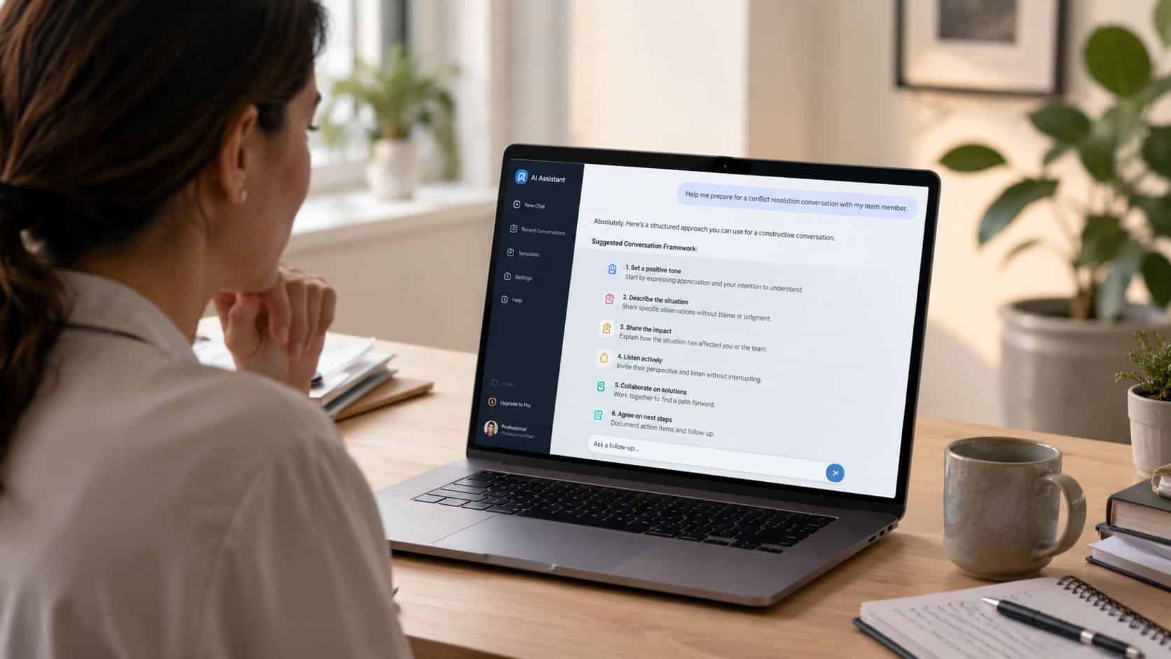 Manager using an AI assistant to prep and document conflict resolution examples before and after the conversation