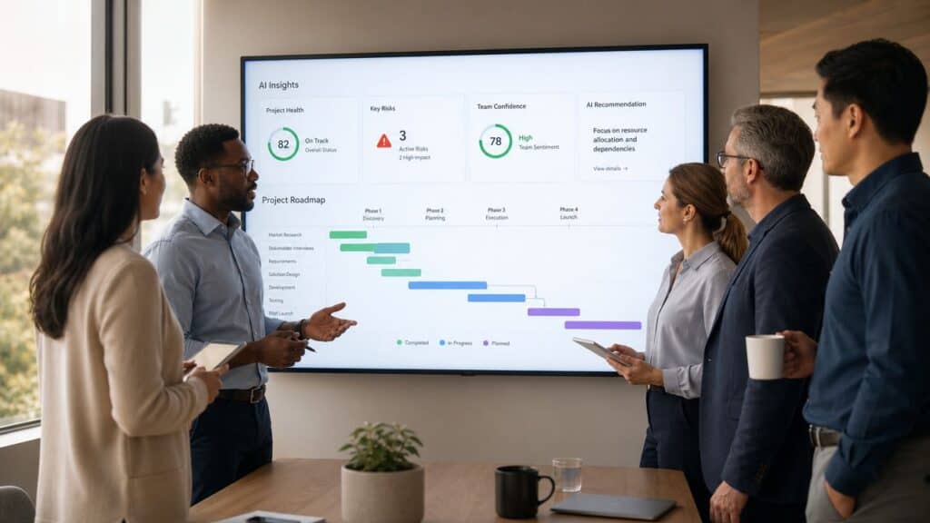 Team using AI to align early during a cross-functional collaboration project kickoff meeting