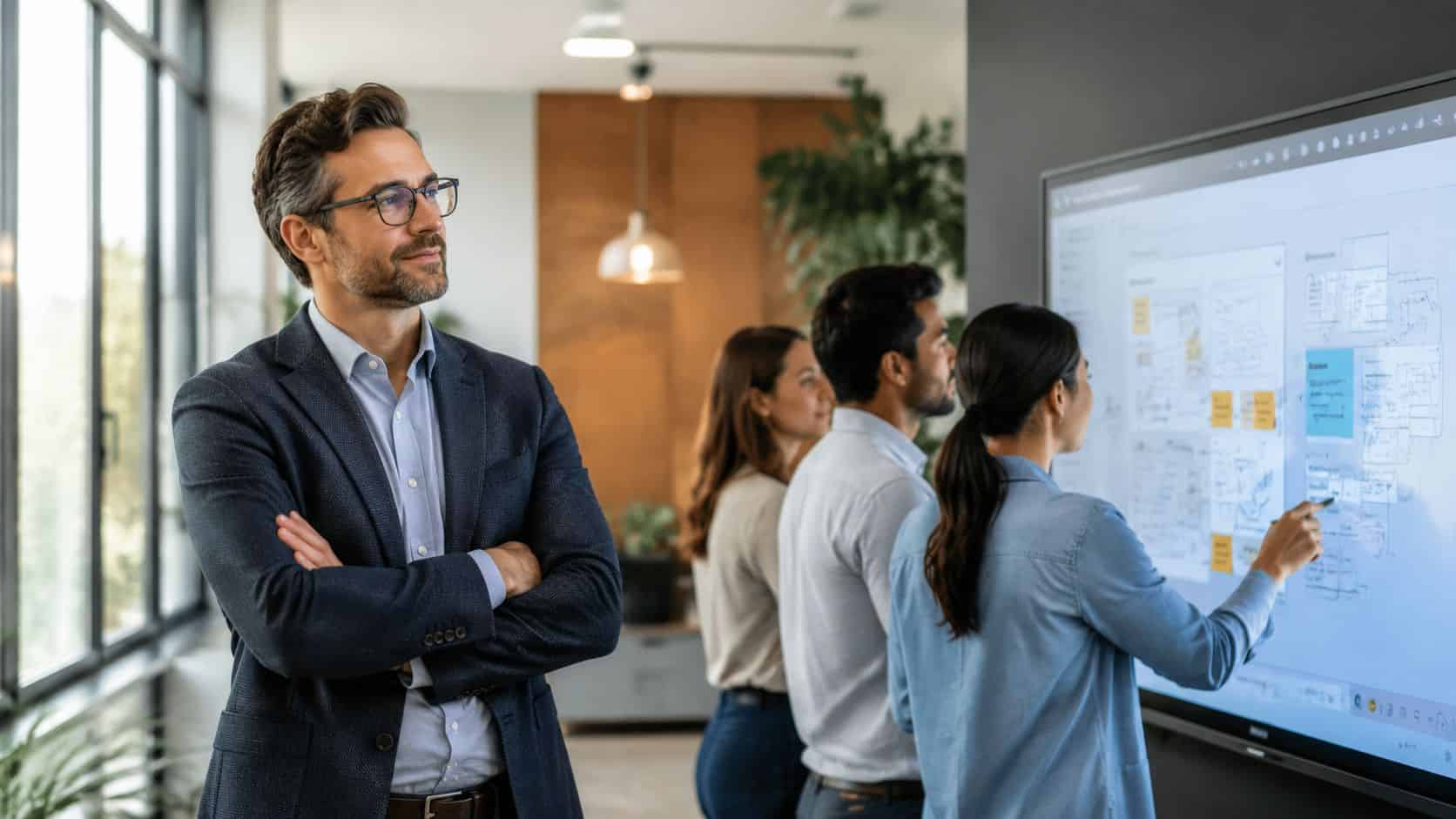Manager acting as the interface in a cross-functional collaboration team meeting, turning vague requests into clear work