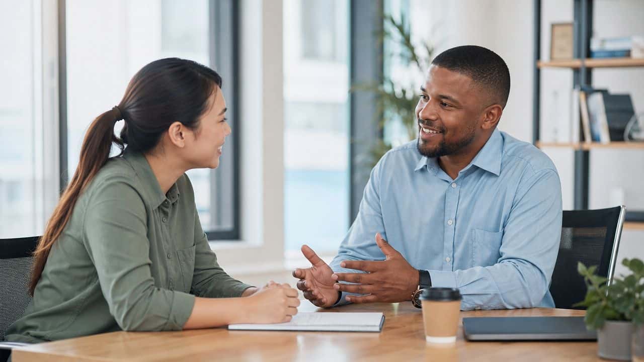 Manager and direct report in an office one-on-one, the career conversation behind an employee development plan