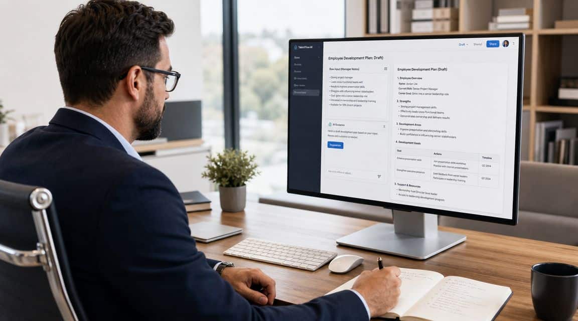 Professional workspace where a manager drafts an employee development plan from real notes with AI