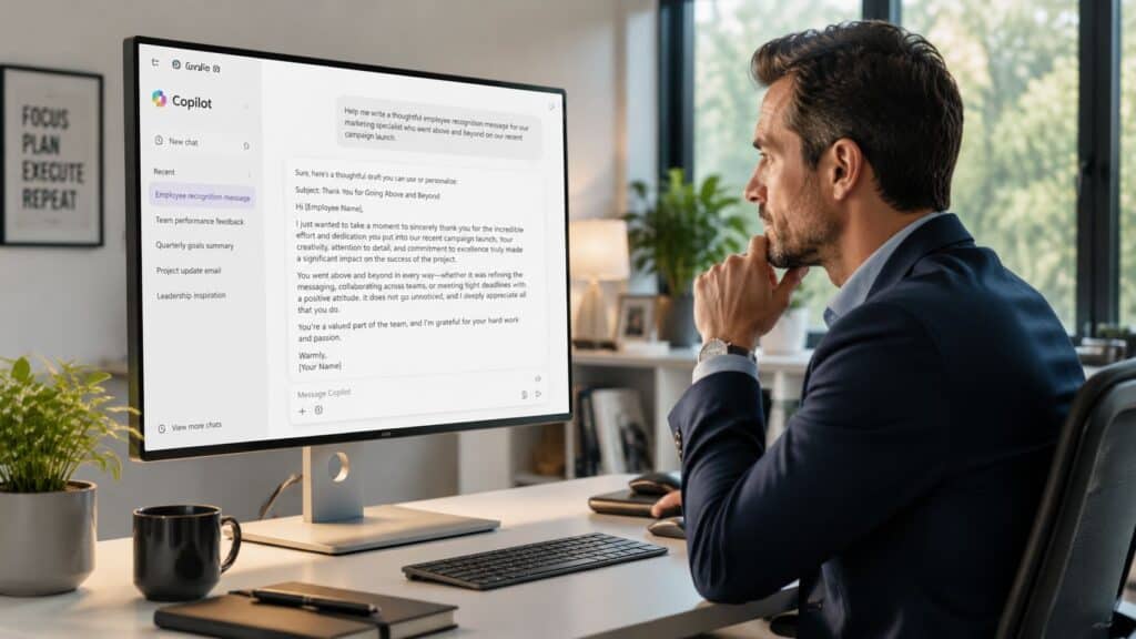 Manager using an AI assistant to keep a recognition log and draft employee recognition examples each week