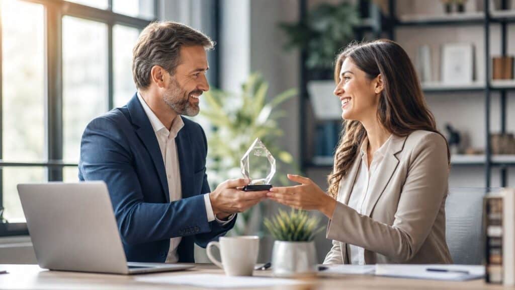 Manager presenting an award to a smiling employee — the moment good employee recognition examples are built on