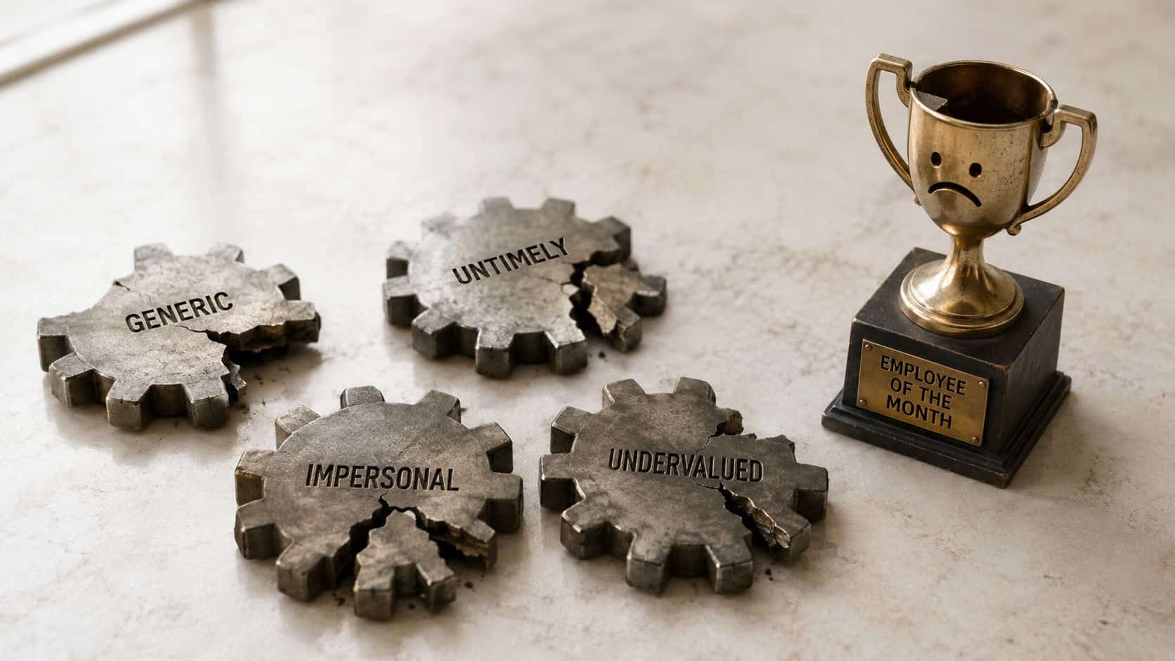 Generic trophy sitting unwanted on a desk, showing why vague employee recognition examples fall flat
