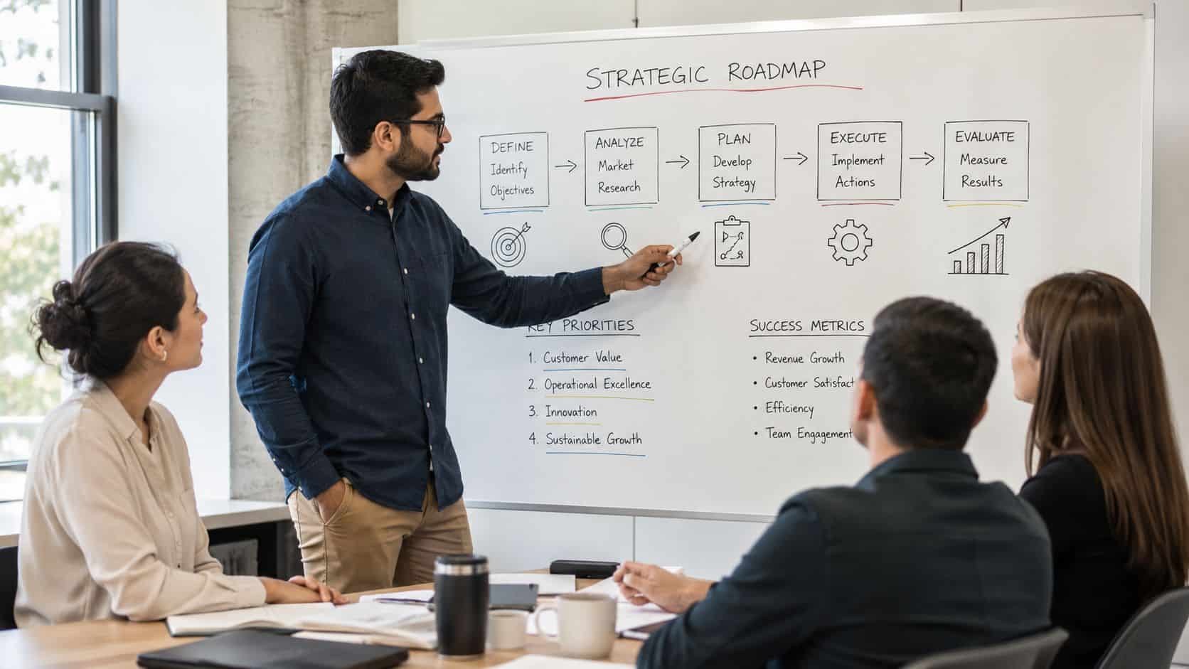 Manager enabling the team in a business meeting, illustrating how to be a good manager by shifting from doing to leading