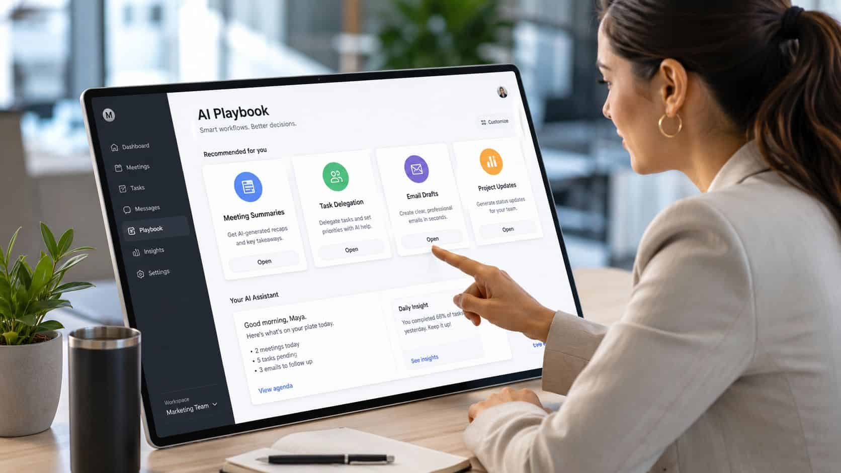 AI dashboard auditing a weekly calendar, the meeting cleanup at the heart of time management for managers