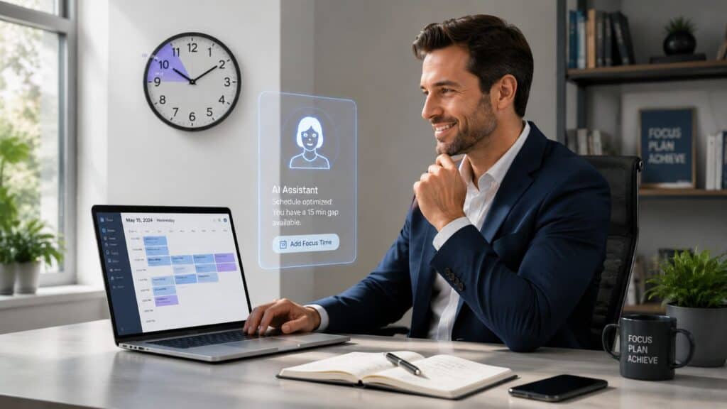 Manager working productively in a short gap between meetings, the core of time management for managers with AI