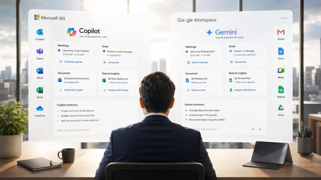 Manager weighing two AI assistants at a laptop, the Copilot vs Gemini choice for everyday management work