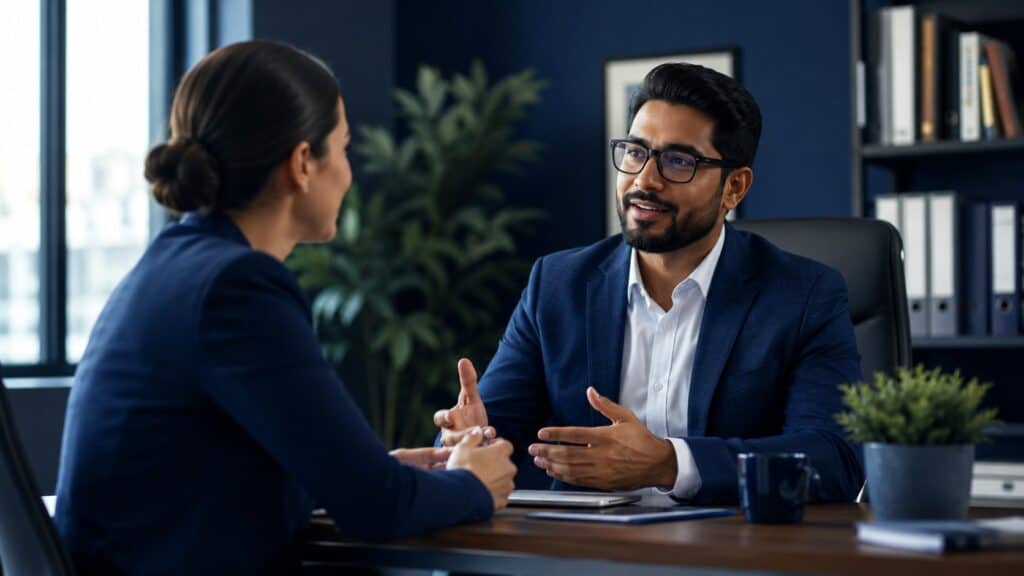 Manager and team member talking in an office, illustrating how to retain employees through everyday leadership