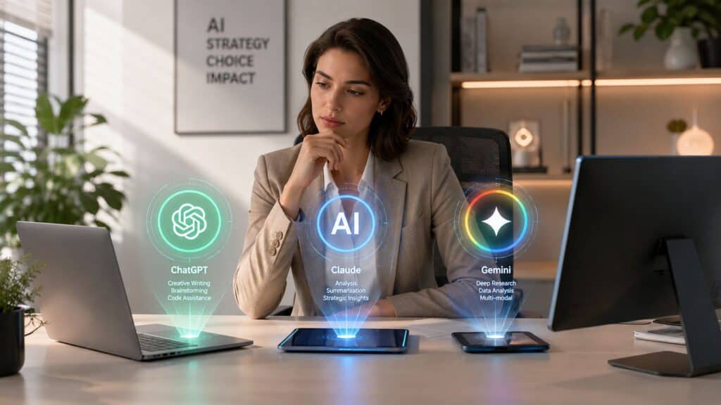 Three AI assistant apps open on a laptop, setting up the ChatGPT vs Claude vs Gemini routing decision