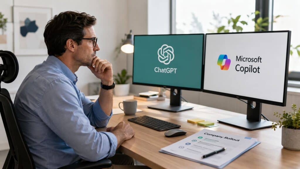 Side-by-side AI comparison on a laptop, framing the ChatGPT vs Copilot decision for managers