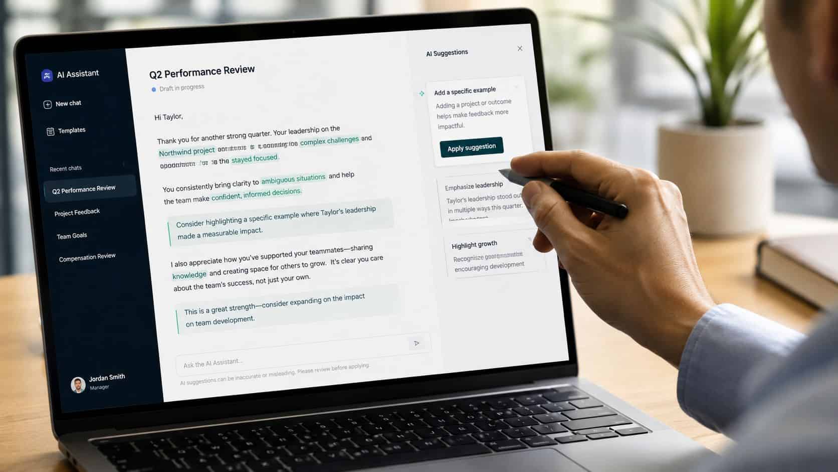 Manager using an AI assistant to draft a review, the kind of task at the heart of ChatGPT vs Gemini