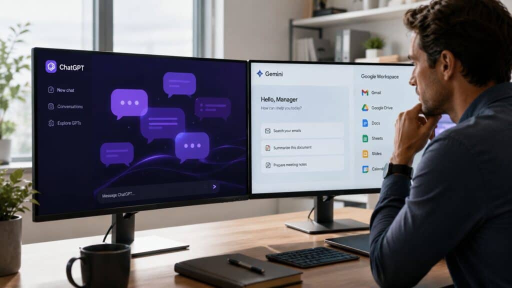 A manager's AI workspace on a laptop, framing the ChatGPT vs Gemini choice for everyday management work