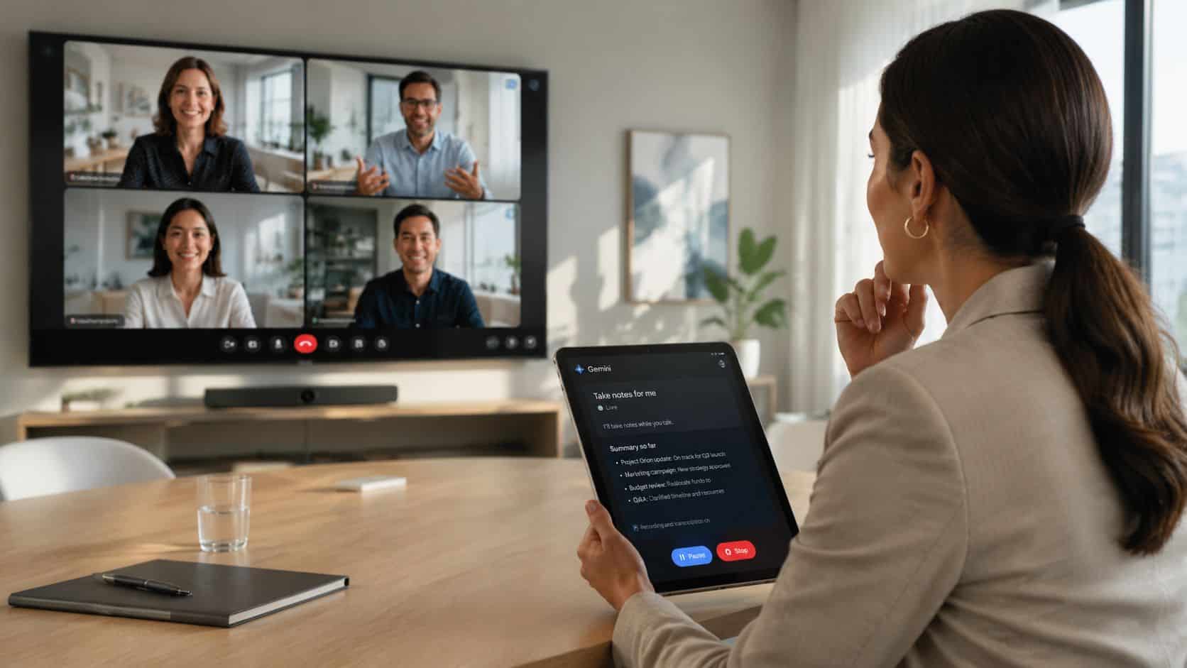 Virtual team meeting with AI note-taking, where the ChatGPT vs Gemini gap shows up most for managers