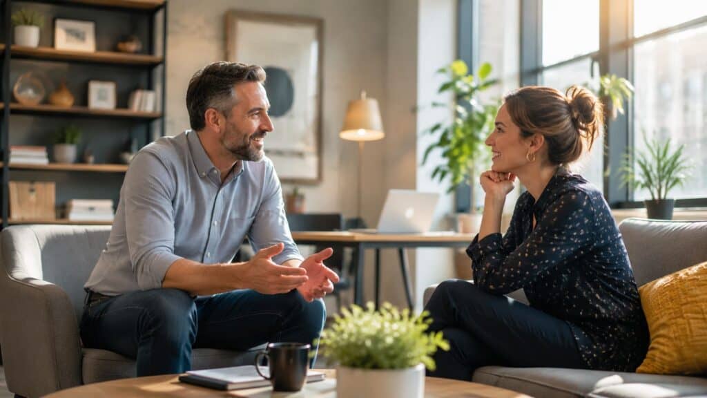 Manager and employee in a one-on-one conversation, illustrating no-budget employee engagement ideas that build commitment