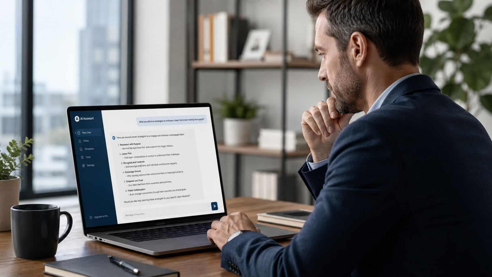 Manager using an AI assistant to spot patterns and prep a how-to-motivate-employees conversation