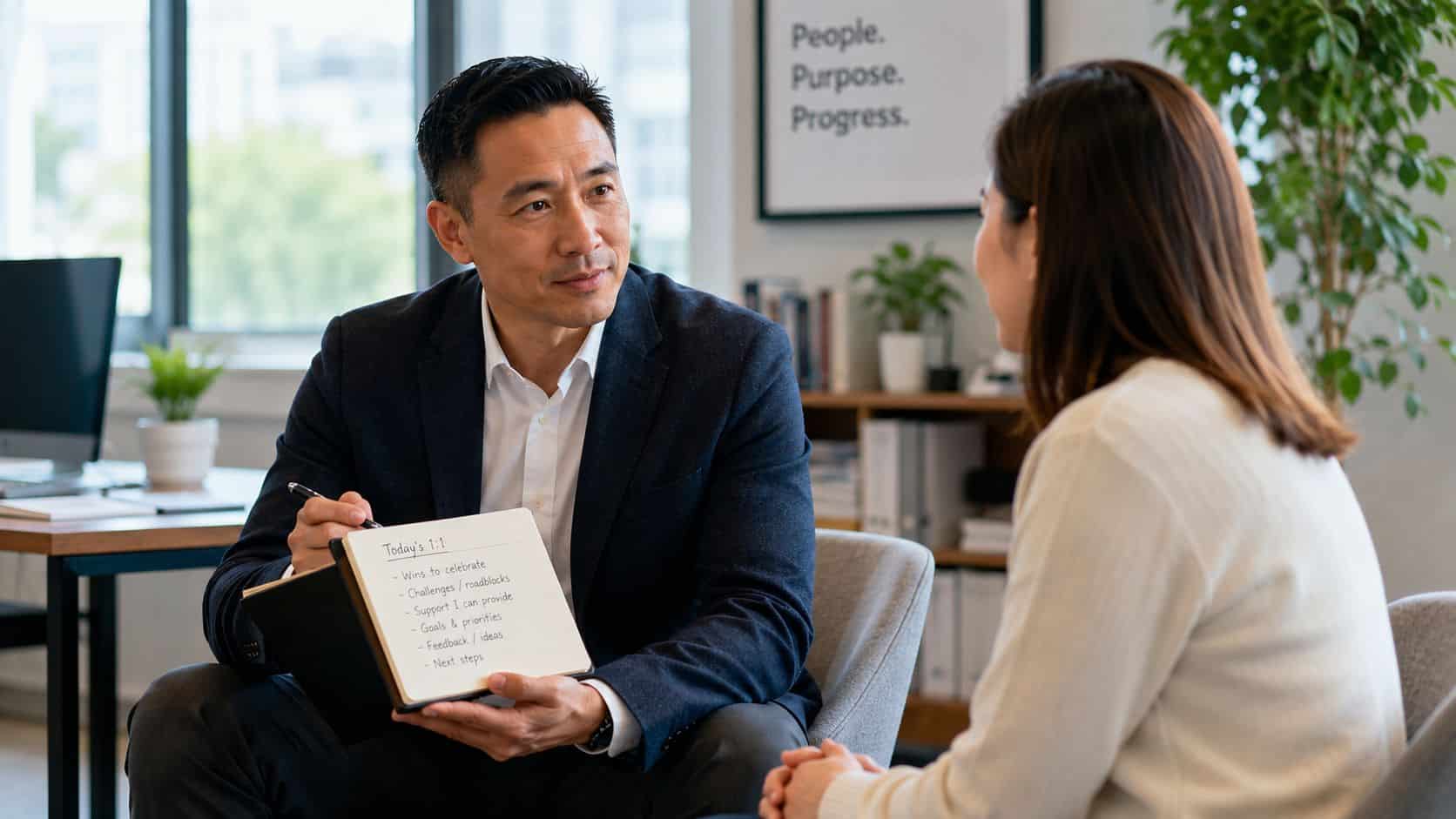 Manager and team member in a one-on-one, diagnosing how to motivate employees by asking what actually changed