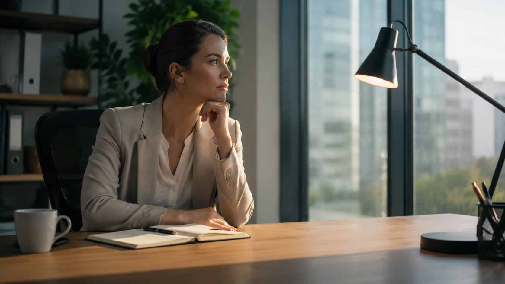 Thoughtful professional at a desk looking disengaged, a sign to watch when learning how to retain employees