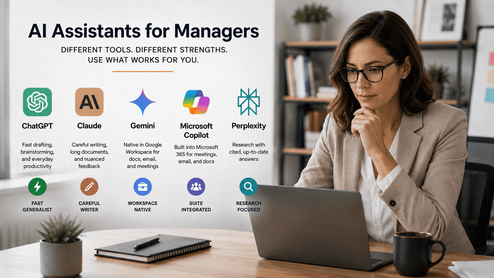 Decision framework of three questions used to pick the best AI assistant for managers