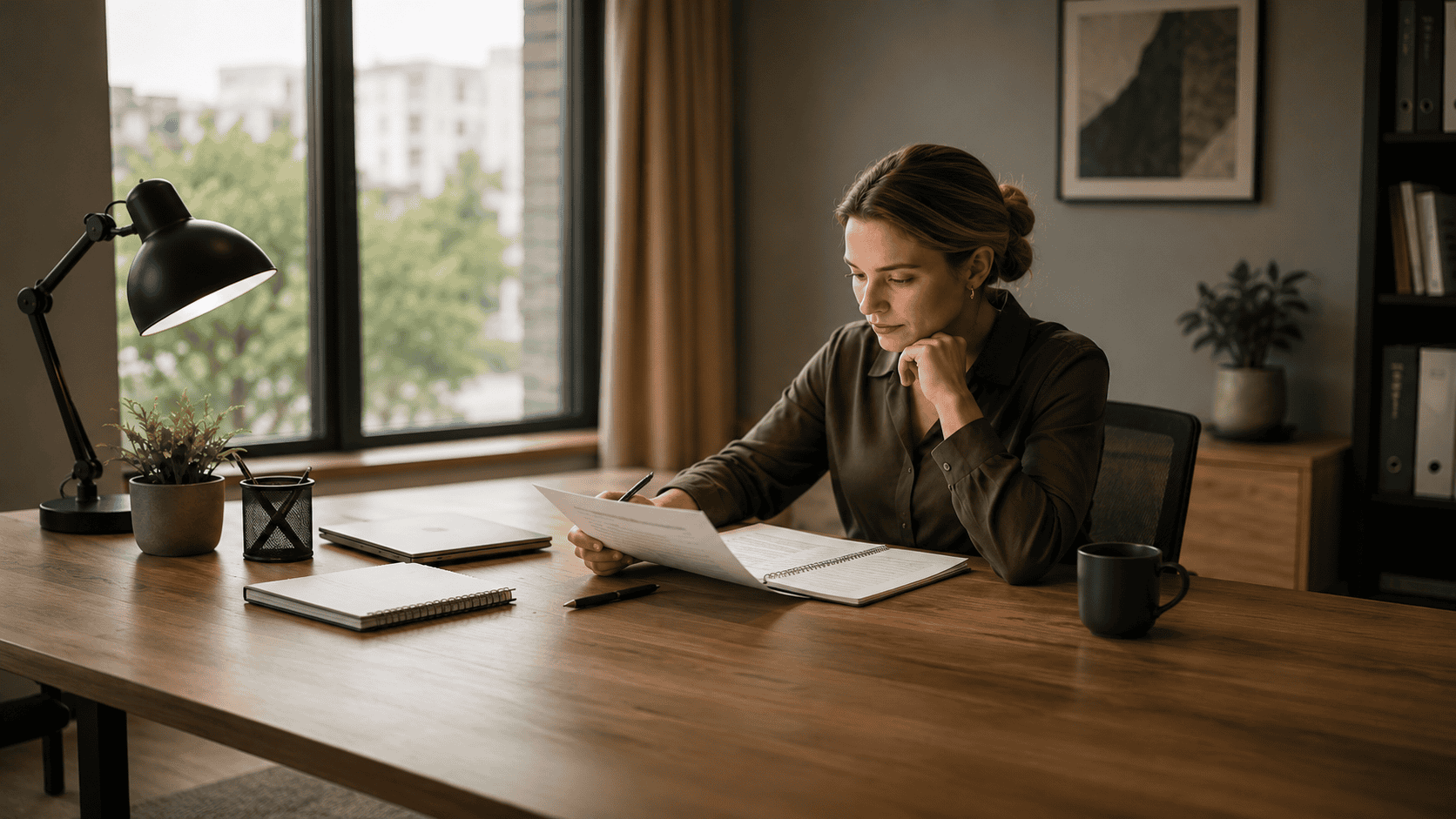Manager reviewing a printed document with pen in hand, applying the notion ai vs chatgpt decision filter