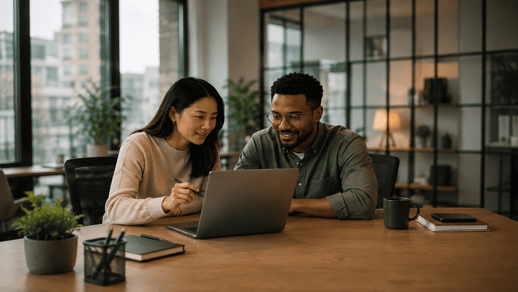 Two colleagues reviewing work together on one laptop, the shared workspace side of notion ai vs chatgpt