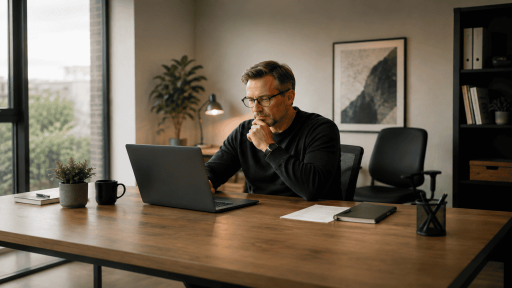 Manager thinking at a laptop in a quiet office, weighing the notion ai vs chatgpt decision