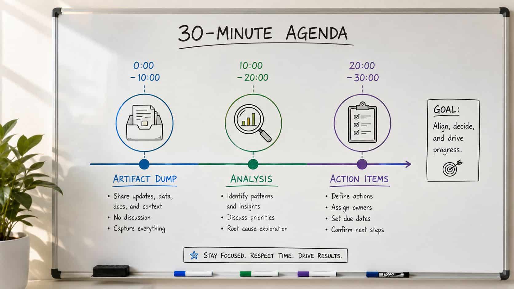 Meeting agenda listing the four after-action review questions in the order that keeps the discussion useful