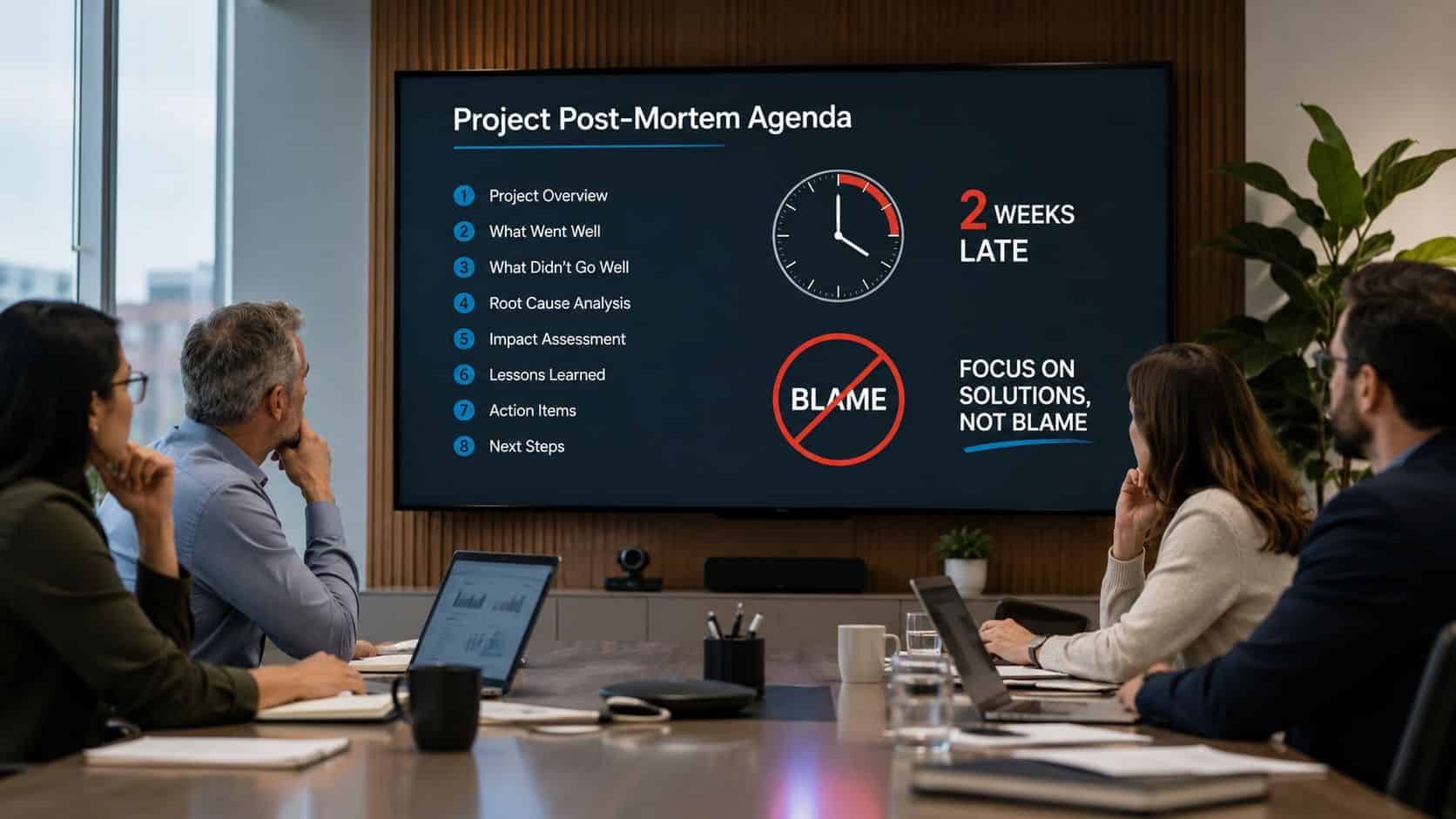 Project team mid-discussion, the moment an after-action review either spirals into blame or gets steered back