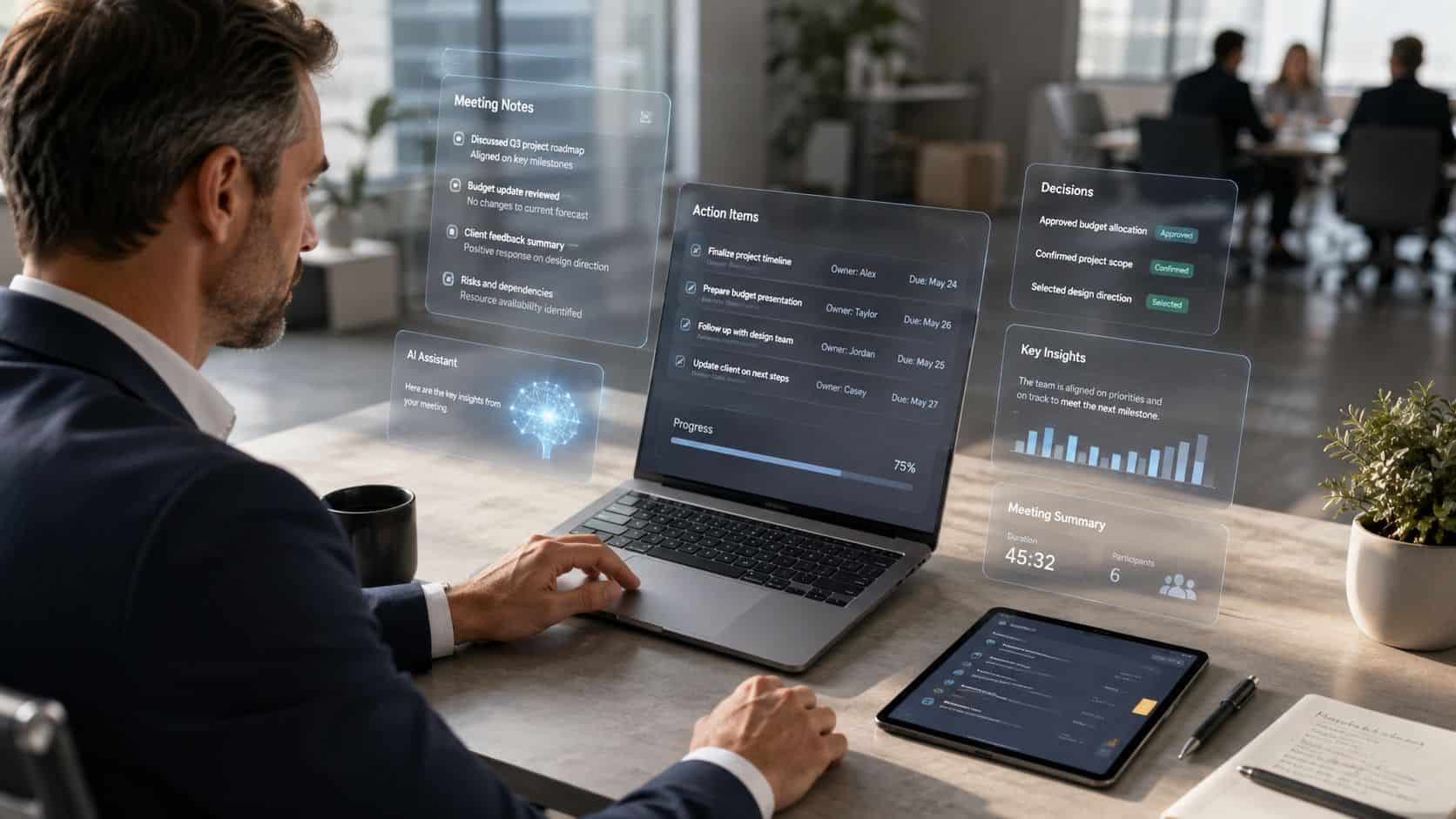 AI workspace showing meeting transcripts and summaries, the output that separates the best AI note taker picks