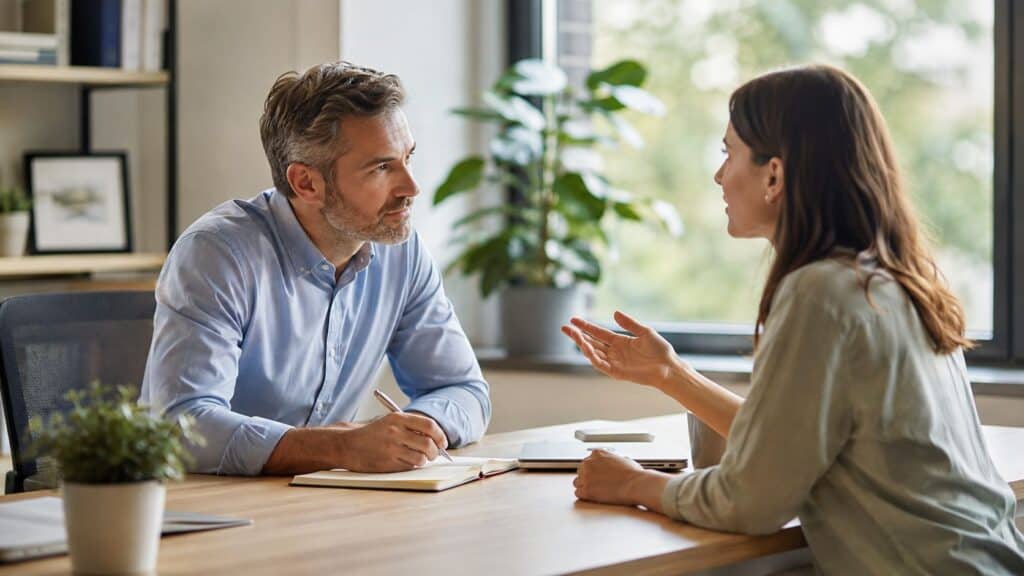 Manager and departing employee talking across a table, the setting for exit interview questions that get real answers