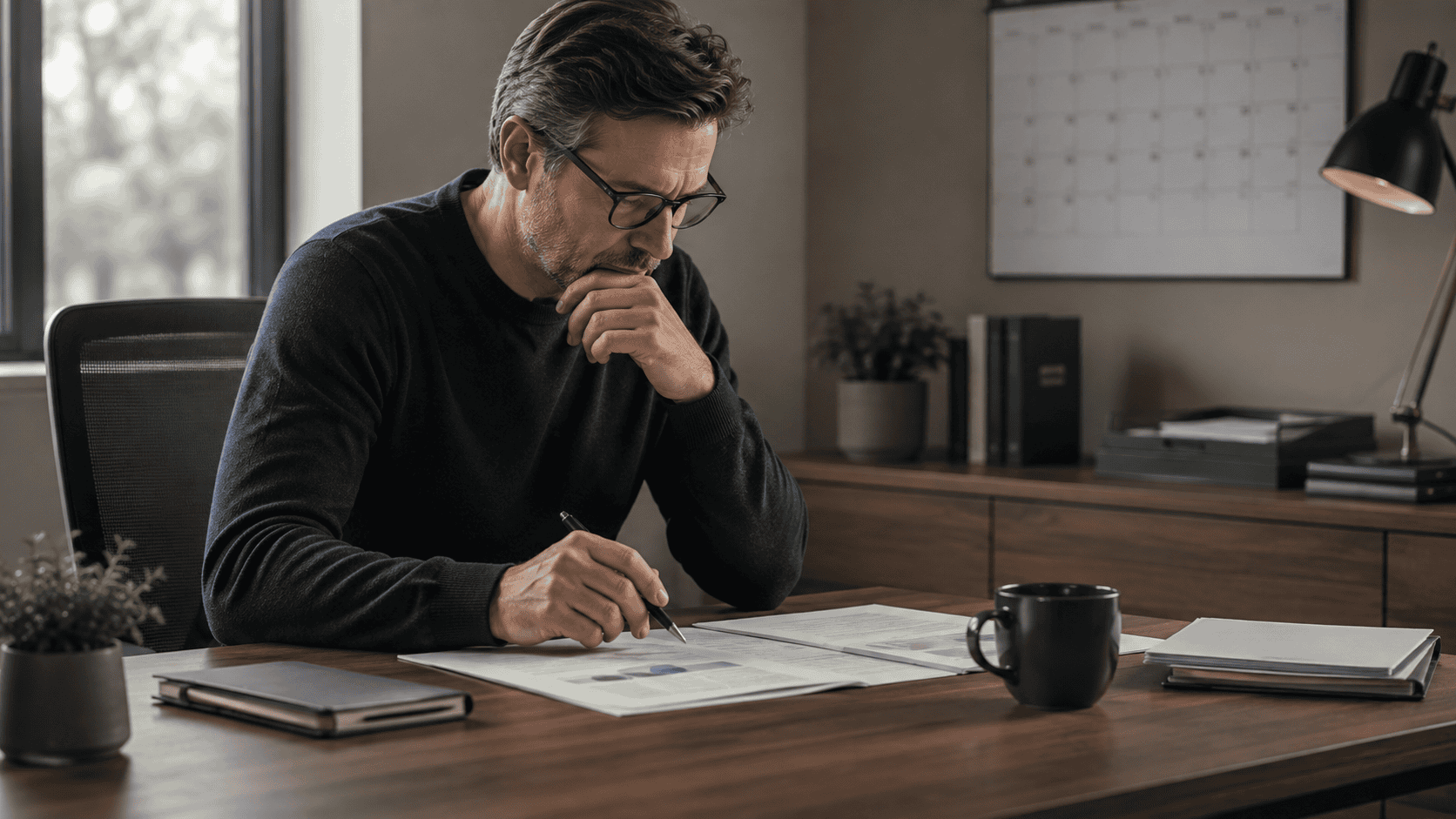 Manager reviewing printed material beside a wall calendar, working through a weekly perplexity vs claude seat decision