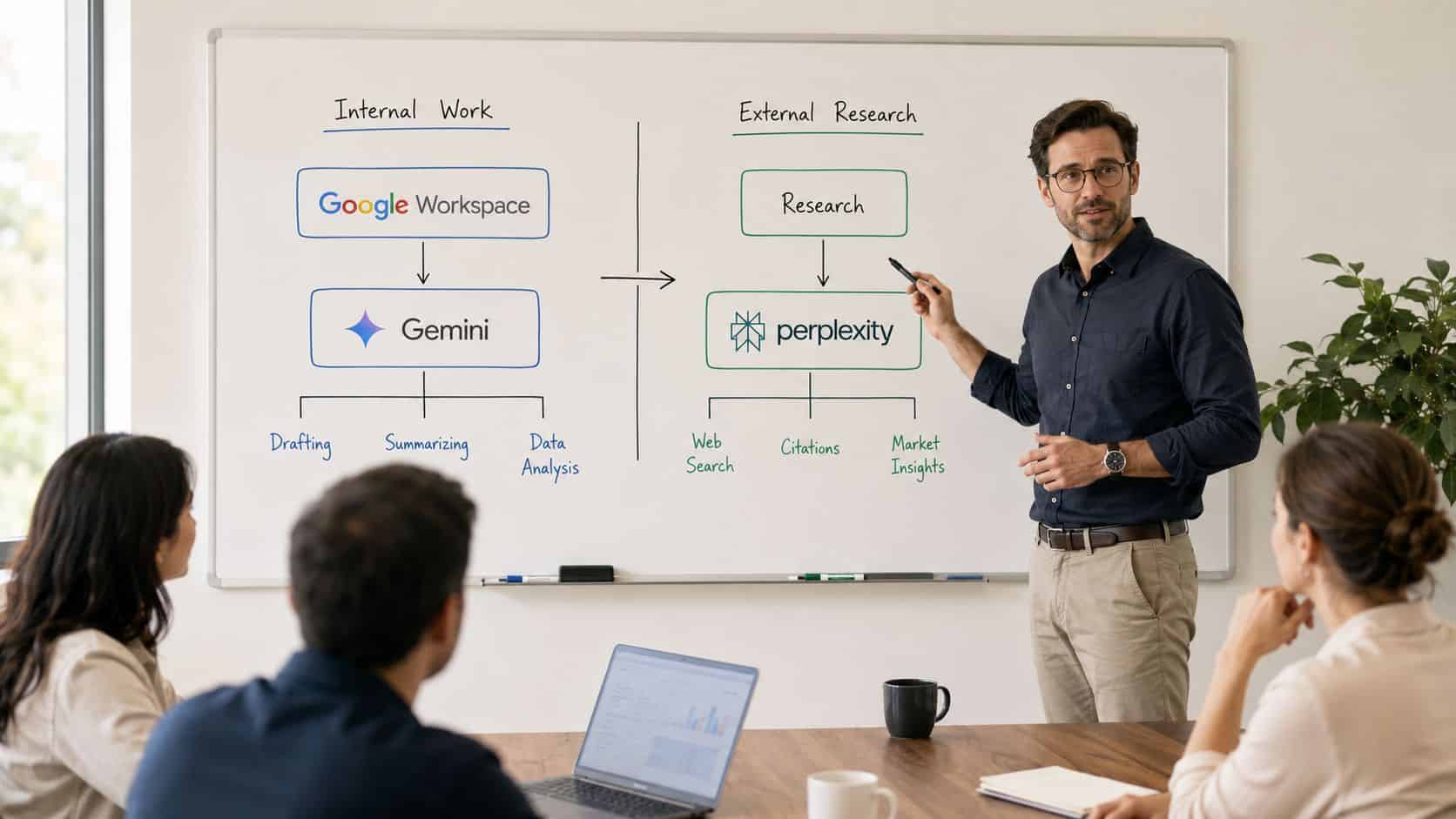Whiteboard splitting internal Workspace drafting from external web research, the perplexity vs gemini division of labor