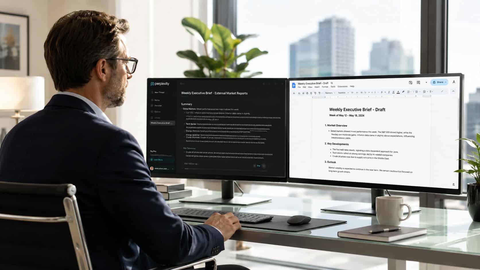 Manager reading a Perplexity market brief on one screen while drafting in Google Docs on the other, the perplexity vs gemini workflow