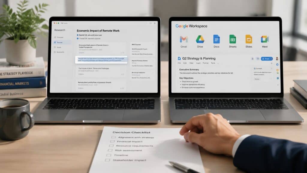 Two laptops side by side, one showing sourced research and one showing Google Workspace, the perplexity vs gemini comparison