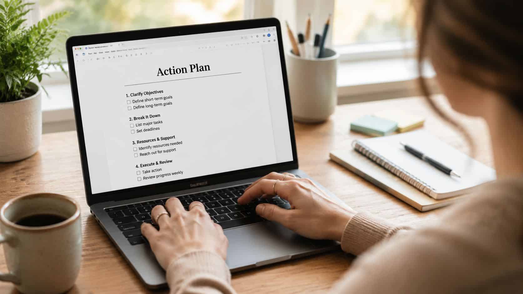 Manager typing a structured action plan, turning answers from stay interview questions into real commitments