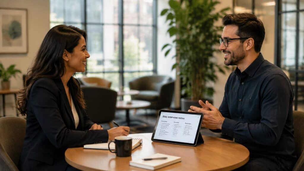 Manager and employee in a relaxed conversation, working through stay interview questions over notes and coffee