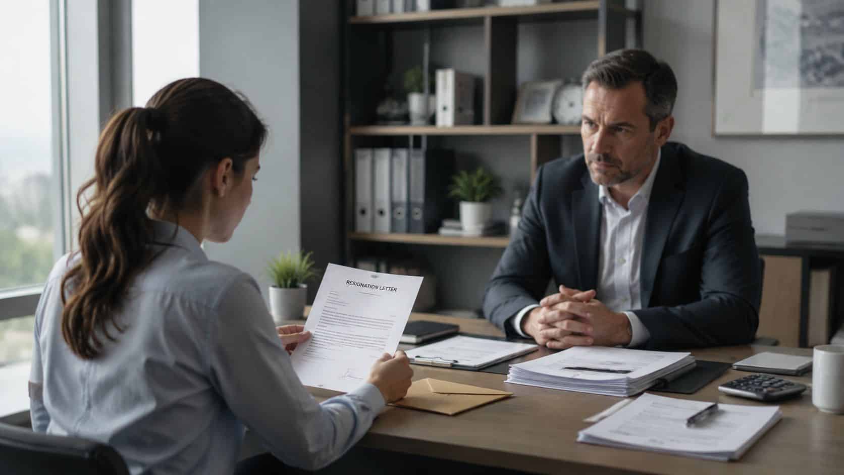 Employee handing a resignation letter to a manager, the moment stay interview questions are meant to prevent