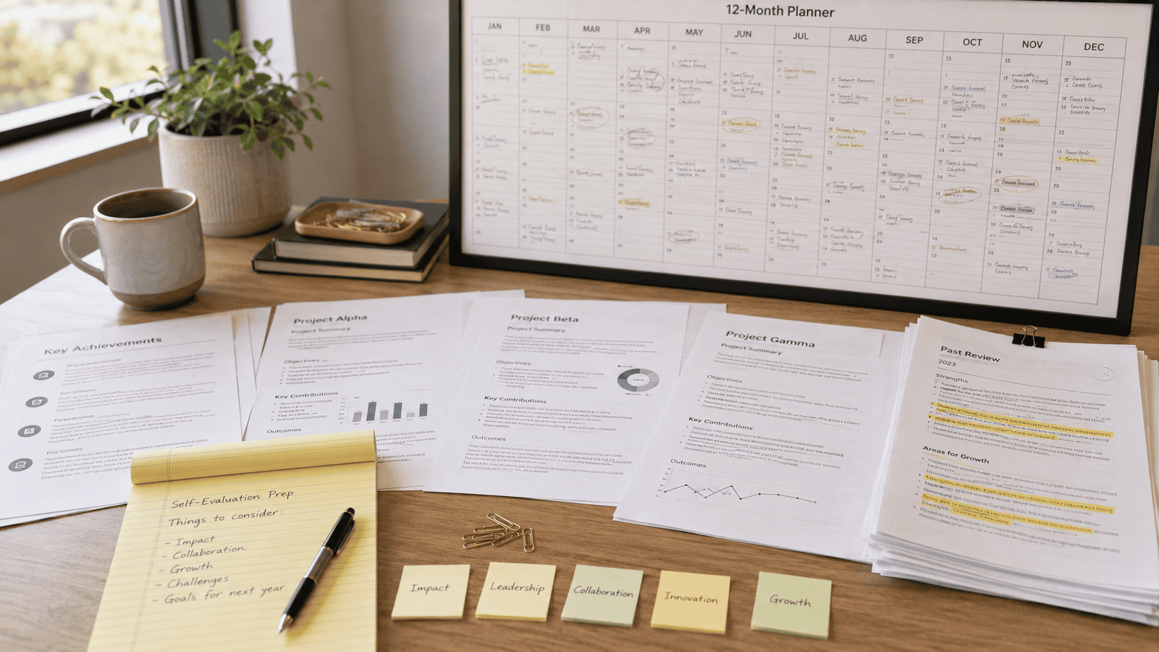 Desk with a 12-month planner, project printouts and a highlighted past review, prep for claude for self-evaluations