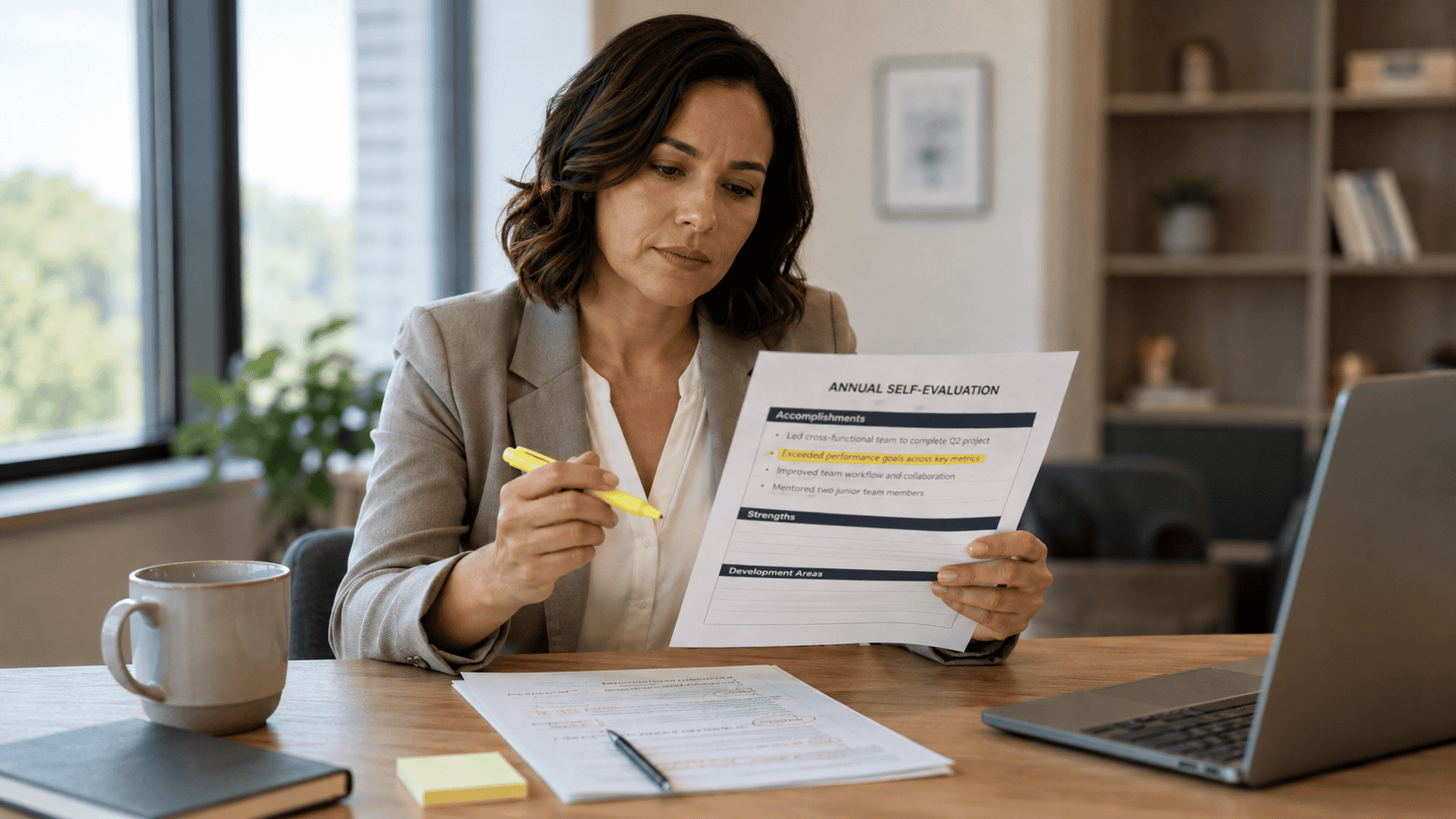 Highlighting a line on a printed annual review draft, the tone check step when using claude for self-evaluations